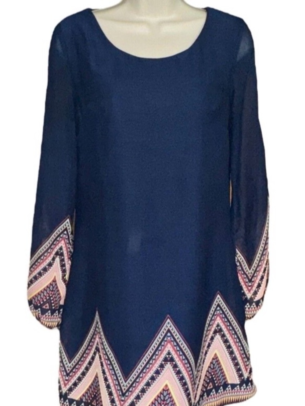 Women's Navy Boho Print Long-Sleeve Tunic/dress Top with open sleeves